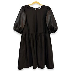 Mud Pie Ren Faux Leather Puff Sleeve Babydoll Dress Black Medium Whimsigoth
